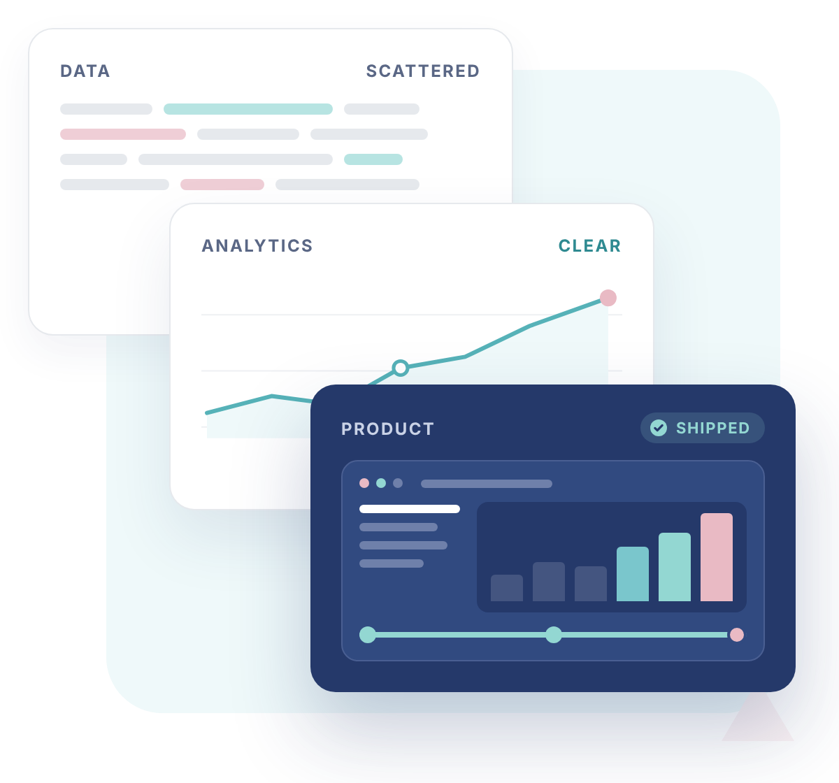 Illustration of scattered data becoming clear analytics and a shipped product